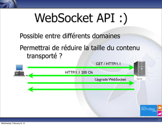 WebSocket API :)
                   Possible entre différents domaines
                   Permettrai de réduire la taille du contenu
                     transporté ?
                                                    GET / HTTP/1.1

                                  HTTP/1.1 200 Ok
                                                    Upgrade WebSocket




                                                                        24
Wednesday, February 8, 12
 