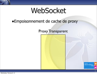 WebSocket
                   •Empoisonnement de cache de proxy
                                Proxy Transparent




                                                       26
Wednesday, February 8, 12
 
