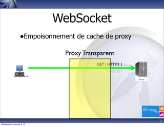 WebSocket
                   •Empoisonnement de cache de proxy
                                Proxy Transparent
                                          GET / HTTP/1.1




                                                           26
Wednesday, February 8, 12
 