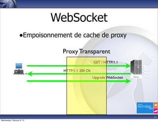 WebSocket
                   •Empoisonnement de cache de proxy
                                Proxy Transparent
                                                  GET / HTTP/1.1

                                HTTP/1.1 200 Ok
                                                  Upgrade WebSocket




                                                                      26
Wednesday, February 8, 12
 