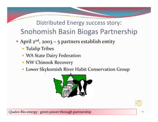 Distributed Energy success story:
Snohomish Basin Biogas Partnership
April 2nd, 2003 – 5 partners establish entity
Tulalip Tribes
WA State Dairy Federation
NW Chinook RecoveryNW Chinook Recovery
Lower Skykomish River Habit Conservation Group
23Qualco Bio-energy: green power through partnership
 