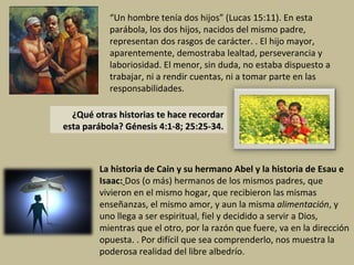 ¿Qué otras historias te hace recordar esta parábola? Génesis 4:1-8; 25:25-34. La historia de Cain y su hermano Abel y la historia de Esau e Isaac:   Dos (o más) hermanos de los mismos padres, que vivieron en el mismo hogar, que recibieron las mismas enseñanzas, el mismo amor, y aun la misma  alimentación , y uno llega a ser espiritual, fiel y decidido a servir a Dios, mientras que el otro, por la razón que fuere, va en la dirección opuesta. . Por difícil que sea comprenderlo, nos muestra la poderosa realidad del libre albedrío. “ Un hombre tenía dos hijos” (Lucas 15:11). En esta parábola, los dos hijos, nacidos del mismo padre, representan dos rasgos de carácter. . El hijo mayor, aparentemente, demostraba lealtad, perseverancia y laboriosidad. El menor, sin duda, no estaba dispuesto a trabajar, ni a rendir cuentas, ni a tomar parte en las responsabilidades. 