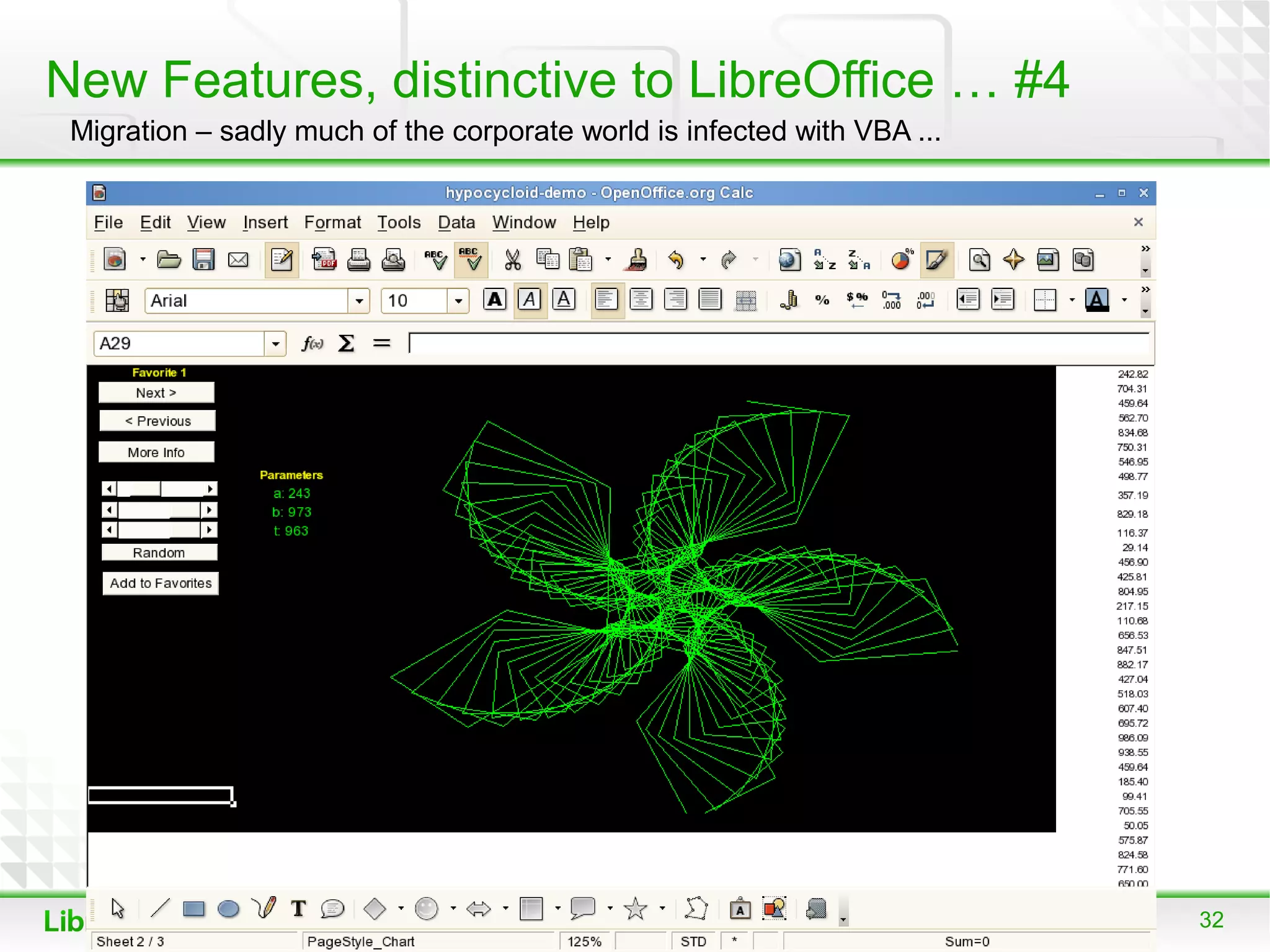 New Features, distinctive to LibreOffice … #4
 Migration – sadly much of the corporate world is infected with VBA ...




                                                                          32
 