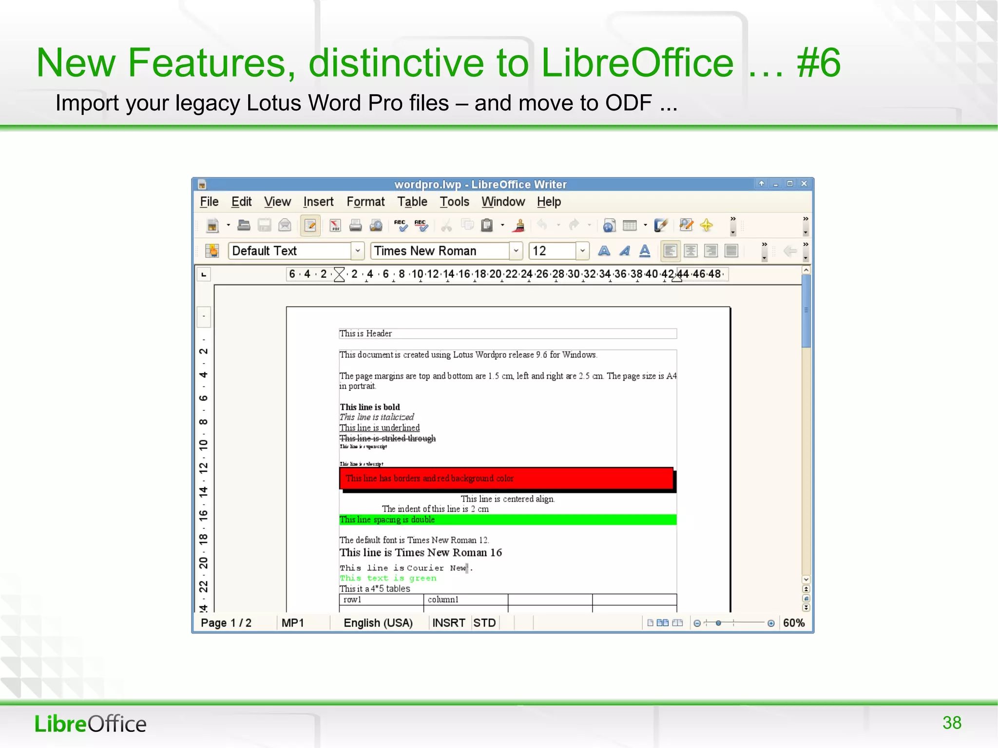 New Features, distinctive to LibreOffice … #6
 Import your legacy Lotus Word Pro files – and move to ODF ...




                                                                 38
 
