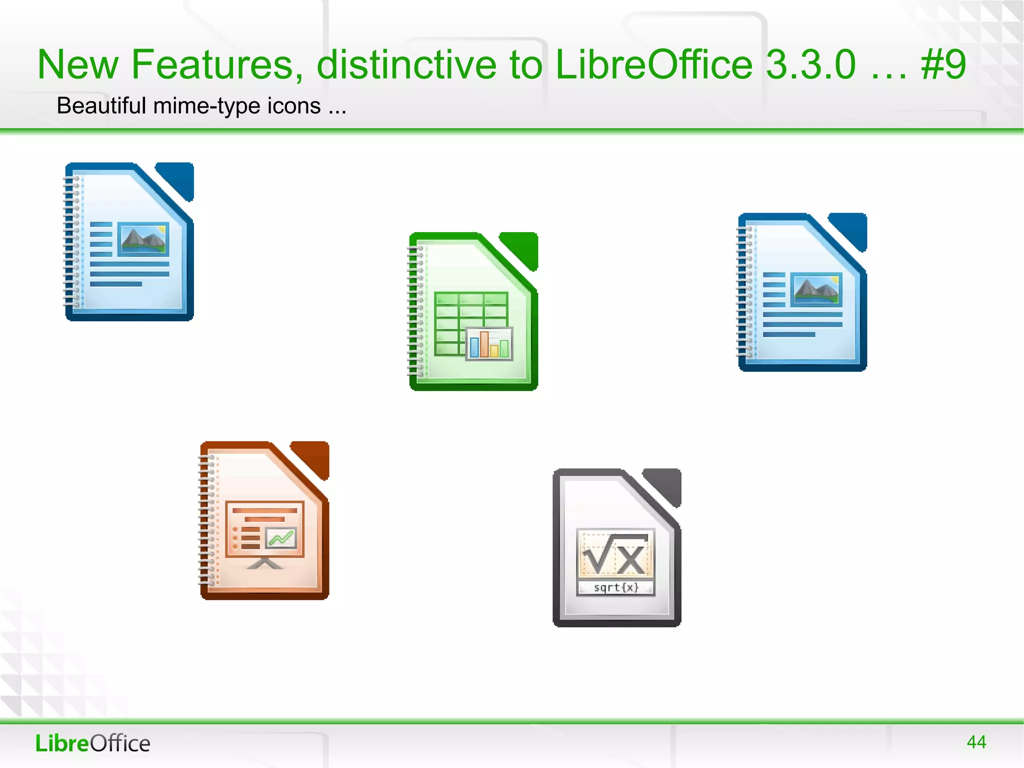 New Features, distinctive to LibreOffice 3.3.0 … #9
 Beautiful mime-type icons ...




                                                  44
 