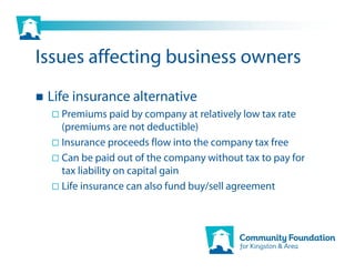 Issues affecting business owners
 Life insurance alternative
   Premiums paid by company at relatively low tax rate
   (premiums are not deductible)
   Insurance proceeds flow into the company tax free
   Can be paid out of the company without tax to pay for
   tax liability on capital gain
   Life insurance can also fund buy/sell agreement
 