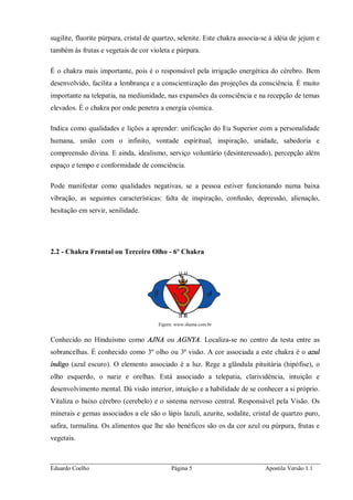 Eduardo Coelho Página 5 Apostila Versão 1.1
sugilite, fluorite púrpura, cristal de quartzo, selenite. Este chakra associa-se à idéia de jejum e
também às frutas e vegetais de cor violeta e púrpura.
É o chakra mais importante, pois é o responsável pela irrigação energética do cérebro. Bem
desenvolvido, facilita a lembrança e a conscientização das projeções da consciência. É muito
importante na telepatia, na mediunidade, nas expansões da consciência e na recepção de temas
elevados. É o chakra por onde penetra a energia cósmica.
Indica como qualidades e lições a aprender: unificação do Eu Superior com a personalidade
humana, união com o infinito, vontade espiritual, inspiração, unidade, sabedoria e
compreensão divina. E ainda, idealismo, serviço voluntário (desinteressado), percepção além
espaço e tempo e conformidade de consciência.
Pode manifestar como qualidades negativas, se a pessoa estiver funcionando numa baixa
vibração, as seguintes características: falta de inspiração, confusão, depressão, alienação,
hesitação em servir, senilidade.
2.2 - Chakra Frontal ou Terceiro Olho - 6º Chakra
Figura: www.shama.com.br
Conhecido no Hinduísmo como AJNA ou AGNYA. Localiza-se no centro da testa entre as
sobrancelhas. É conhecido como 3º olho ou 3ª visão. A cor associada a este chakra é o azul
índigo (azul escuro). O elemento associado é a luz. Rege a glândula pituitária (hipófise), o
olho esquerdo, o nariz e orelhas. Está associado a telepatia, clarividência, intuição e
desenvolvimento mental. Dá visão interior, intuição e a habilidade de se conhecer a si próprio.
Vitaliza o baixo cérebro (cerebelo) e o sistema nervoso central. Responsável pela Visão. Os
minerais e gemas associados a ele são o lápis lazuli, azurite, sodalite, cristal de quartzo puro,
safira, turmalina. Os alimentos que lhe são benéficos são os da cor azul ou púrpura, frutas e
vegetais.
 