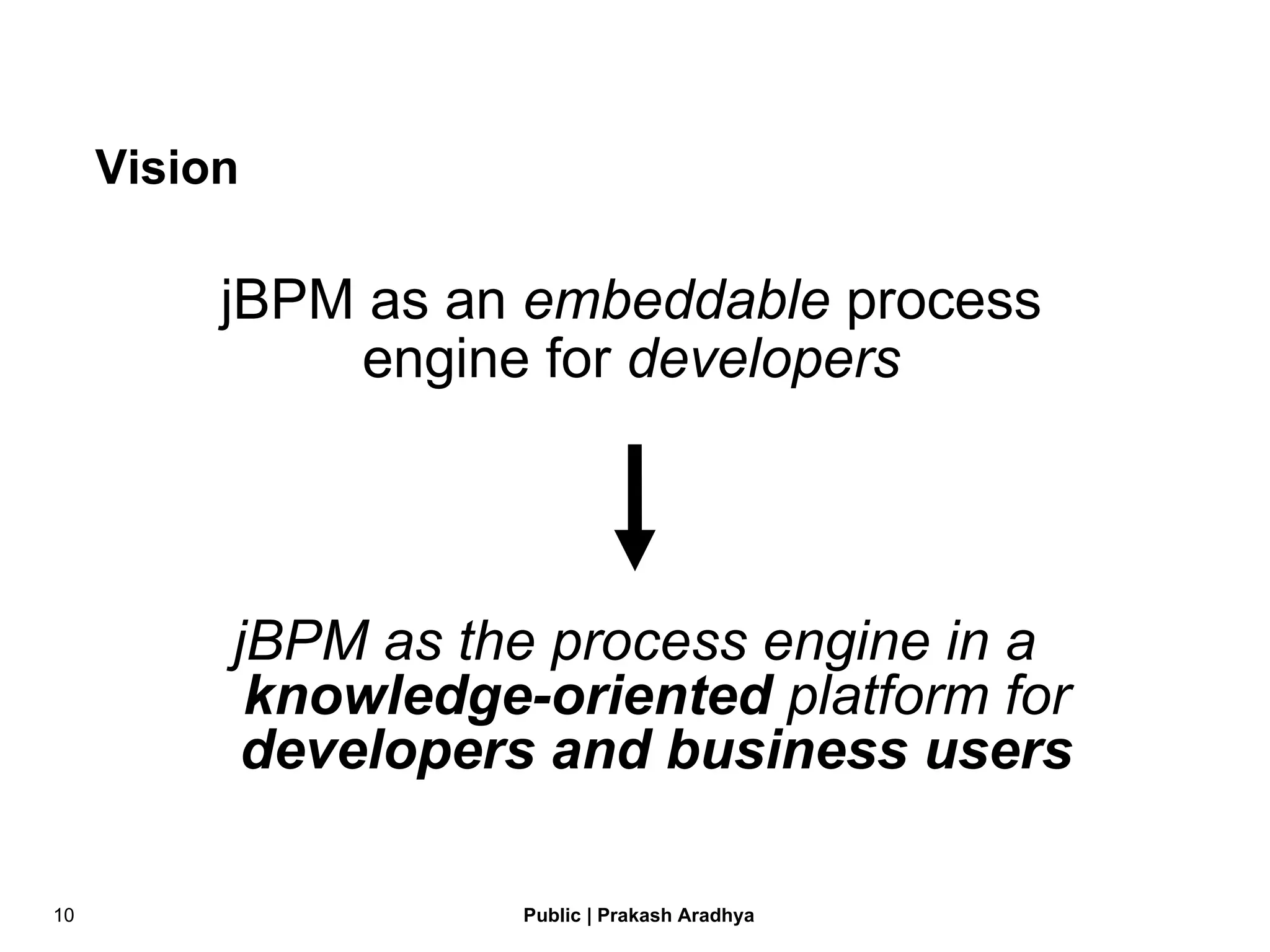 Vision jBPM as the process engine in a  knowledge-oriented  platform for  developers and business users jBPM as an  embeddable  process engine for  developers 