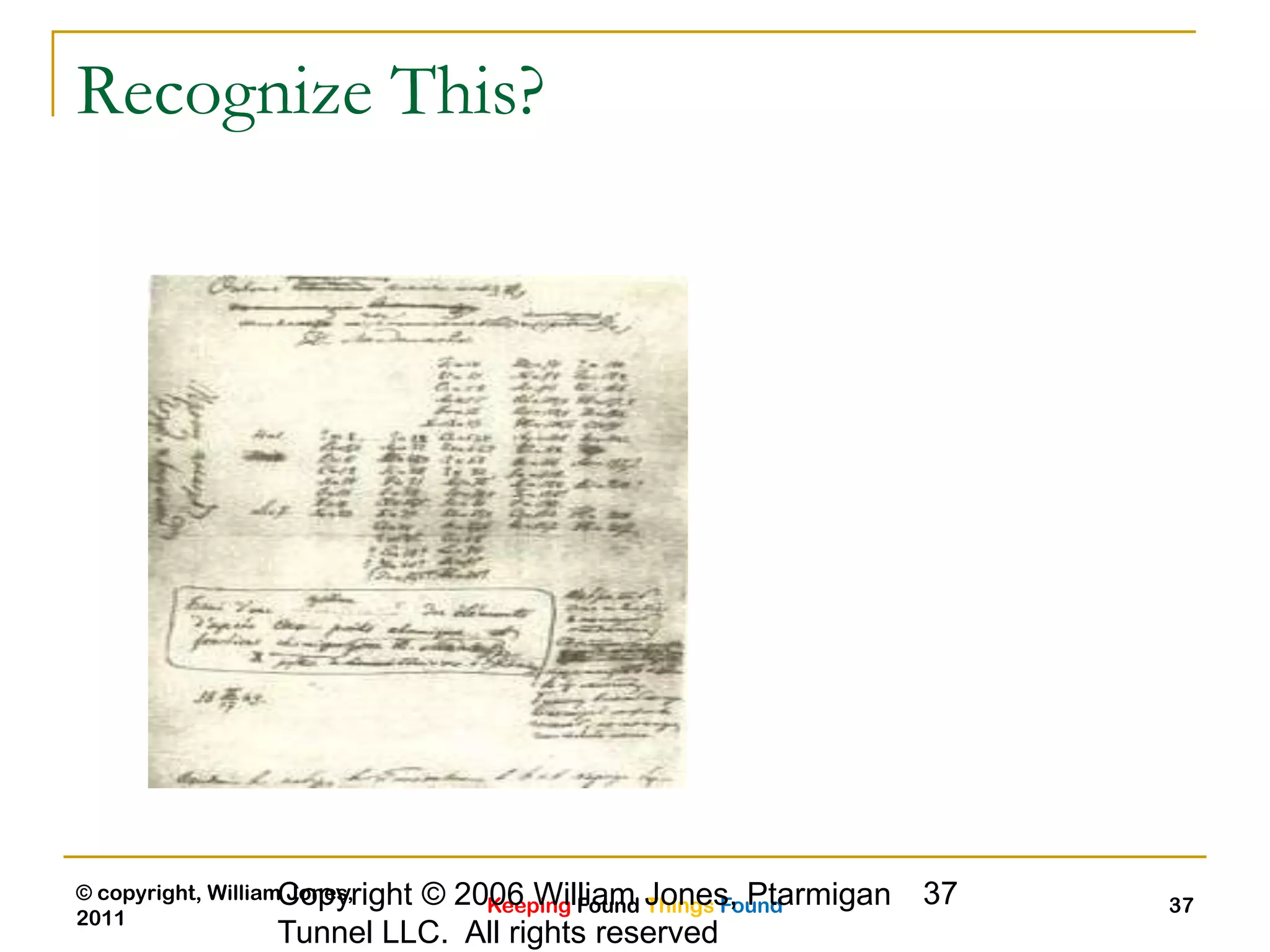 Keeping Found Things Found
© copyright, William Jones,
2011
3737Copyright © 2006 William Jones, Ptarmigan
Tunnel LLC. All rights reserved
Recognize This?
 