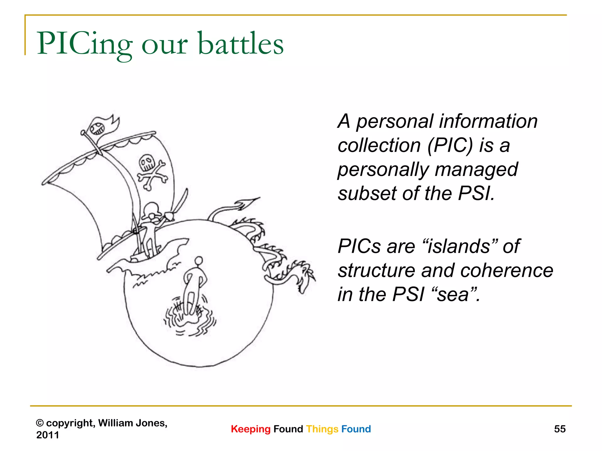 Keeping Found Things Found
© copyright, William Jones,
2011
55
PICing our battles
A personal information
collection (PIC) is a
personally managed
subset of the PSI.
PICs are “islands” of
structure and coherence
in the PSI “sea”.
 