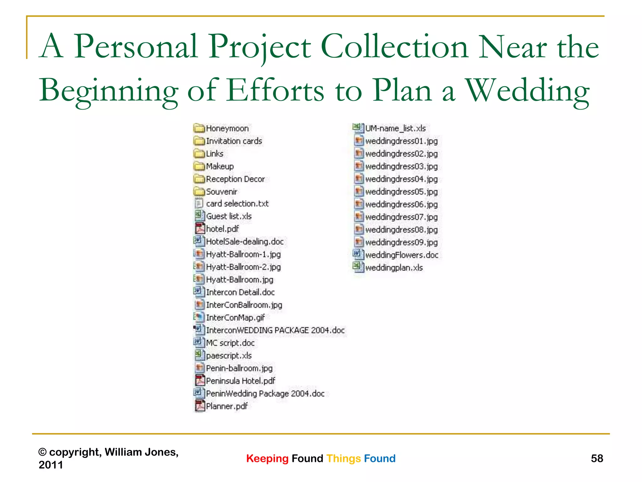 Keeping Found Things Found
© copyright, William Jones,
2011
58
A Personal Project Collection Near the
Beginning of Efforts to Plan a Wedding
 