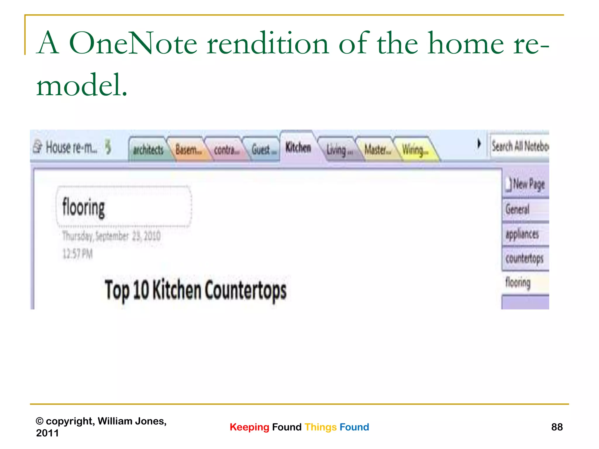 Keeping Found Things Found
© copyright, William Jones,
2011
88
A OneNote rendition of the home re-
model.
 