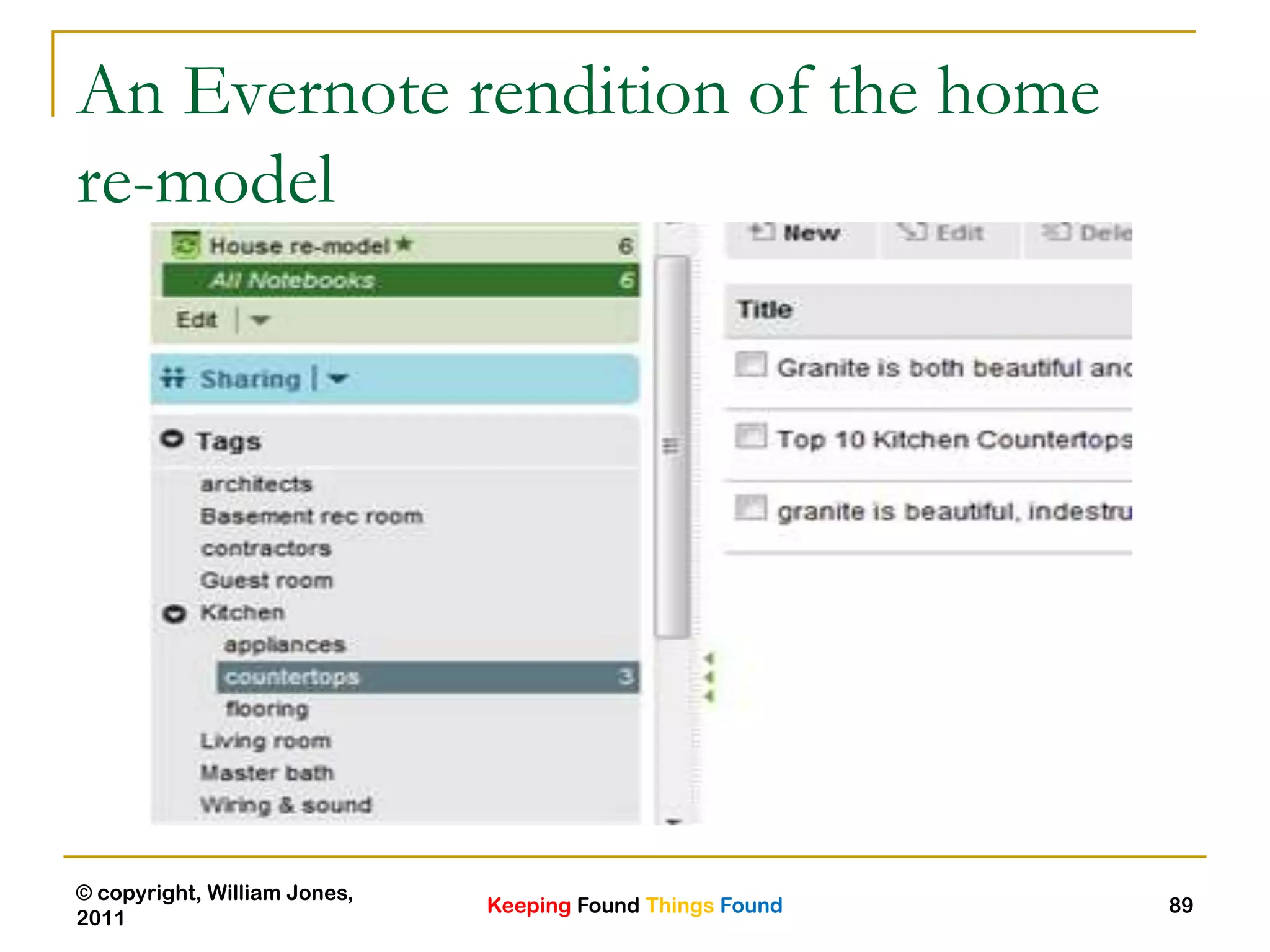 Keeping Found Things Found
© copyright, William Jones,
2011
89
An Evernote rendition of the home
re-model
 