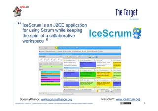 The Target
is an
“ IceScrumScrumJ2EE application
for using
while keeping
the spirit of a collaborative
workspace

”

Scrum Alliance: www.scrumalliance.org
Copyright © 2011 – Licence CC – Creative Commons 2.0 France – Paternité – Pas d'Utilisation Commerciale – Partage des Conditions Initiales à l'Identique

IceScrum: www.icescrum.org
6

 