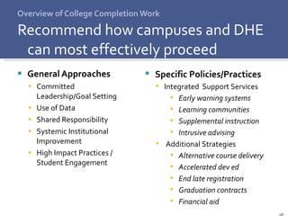 Overview of College Completion Work Recommend how campuses and DHE can most effectively proceed General Approaches Committed Leadership/Goal Setting Use of Data Shared Responsibility Systemic Institutional Improvement High Impact Practices / Student Engagement Specific Policies/Practices Integrated  Support Services Early warning systems Learning communities Supplemental instruction Intrusive advising Additional Strategies  Alternative course delivery Accelerated dev ed End late registration Graduation contracts Financial aid 
