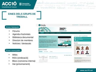 Títol capítol EINES DELS GRUPS DE TREBALL Fòrums Agenda d’activitats Biblioteca documental Directori de membres Notícies / destacats Wikis  RSS (sindicació) Blocs (conversa interna) Xat (pròximament) Eines bàsiques Eines avançades www.acc10.cat 