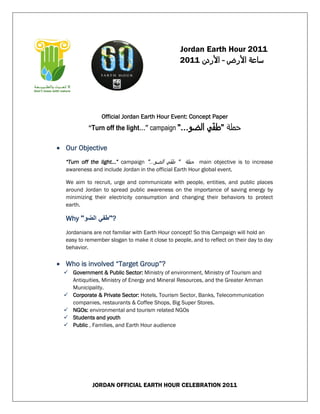 Jordan Earth Hour 2011
                                                 3122 ‫ساعة األرض – األردن‬




                Official Jordan Earth Hour Event: Concept Paper
           “Turn off the light…” campaign "...‫الضو‬          ‫حملة "طفّي‬

 Our Objective
  “Turn off the light…” campaign "...‫ حملة " طفّي الضو‬main objective is to increase
  awareness and include Jordan in the official Earth Hour global event.

  We aim to recruit, urge and communicate with people, entities, and public places
  around Jordan to spread public awareness on the importance of saving energy by
  minimizing their electricity consumption and changing their behaviors to protect
  earth.

  Why "‫?"طفي الضو‬
  Jordanians are not familiar with Earth Hour concept! So this Campaign will hold an
  easy to remember slogan to make it close to people, and to reflect on their day to day
  behavior.

 Who is involved “Target Group”?
   Government & Public Sector: Ministry of environment, Ministry of Tourism and
    Antiquities, Ministry of Energy and Mineral Resources, and the Greater Amman
    Municipality.
   Corporate & Private Sector: Hotels, Tourism Sector, Banks, Telecommunication
    companies, restaurants & Coffee Shops, Big Super Stores.
   NGOs: environmental and tourism related NGOs
   Students and youth
   Public , Families, and Earth Hour audience




             JORDAN OFFICIAL EARTH HOUR CELEBRATION 2011
 