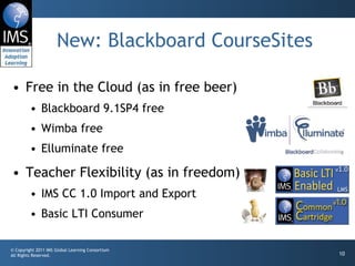 New: Blackboard CourseSites Free in the Cloud (as in free beer) Blackboard 9.1SP4 free Wimba free Elluminate free Teacher Flexibility (as in freedom) IMS CC 1.0 Import and Export Basic LTI Consumer 