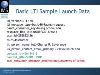 Basic LTI Sample Launch Data lti_version=LTI-1p0 lti_message_type=basic-lti-launch-request oauth_consumer_key=lmsng.school.edu resource_link_id=120988f929-274612 user_id=292832126 roles=Instructor lis_person_name_full=Charles R. Severance lis_person_contact_email_primary = csev@umich.edu context_id=456434513 context_title=SI301 – PHP tool_consumer_instance_description=University of School 