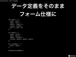 Mongo Tokyo 2011 - node.js + MongoDB




                var spec1 = {
                   name: ‘test’,
                   type: ‘text’,
                   label: ‘label-1’,
                   class: ‘number’,
                   min: 0, max: 100
                };

                var spec2 = {
                   name: ‘test2’,
                   type: ‘group’,
                   label: ‘group-1’,
                   fields: [spec3, spec4, spec5]
                };

                var formSpec = [
                   spec1, spec2
                ];

                showForm(formSpec);
 