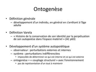 OntogenèseDéfinition générale développement d’un individu, en général en s’arrêtant à l’âge adulteDéfinition Varela « Histoire de la conservation de son identité par la perpétuation de son autopoièse dans l’espace matériel » (AC p63)Développement d’un système autopoiétiqueobservateur : perturbations externes et internessystème : perturbations indifférenciéesimpossible de déterminer ce qui est interne et ce qui est externe ontogenèse = « couplage structurel » avec l’environnementpas de représentation d’un tout à maintenir