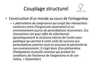Couplage structurelConstruction d’un monde au cours de l’ontogenèse« phénomène de congruence qui surgit des interactions continues entre [l’organisme autonome] et un environnement source de perturbations récurrentes. Ces interactions ont pour effet de sélectionner dynamiquement la structure interne de l’unité auto-poiétiquequi permet à cette unité de survivre aux perturbations externes tout en assurant la pérennité de son environnement. Il s’agit donc d’un phénomène d’adaptation mutuelle continue qui produit les conditions de l’existence de l’organisme et de son milieu. » (Salembier)