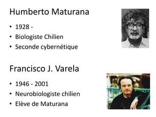 Humberto Maturana1928 -Biologiste Chilien Seconde cybernétiqueFrancisco J. Varela1946 - 2001Neurobiologiste chilienElève de Maturana