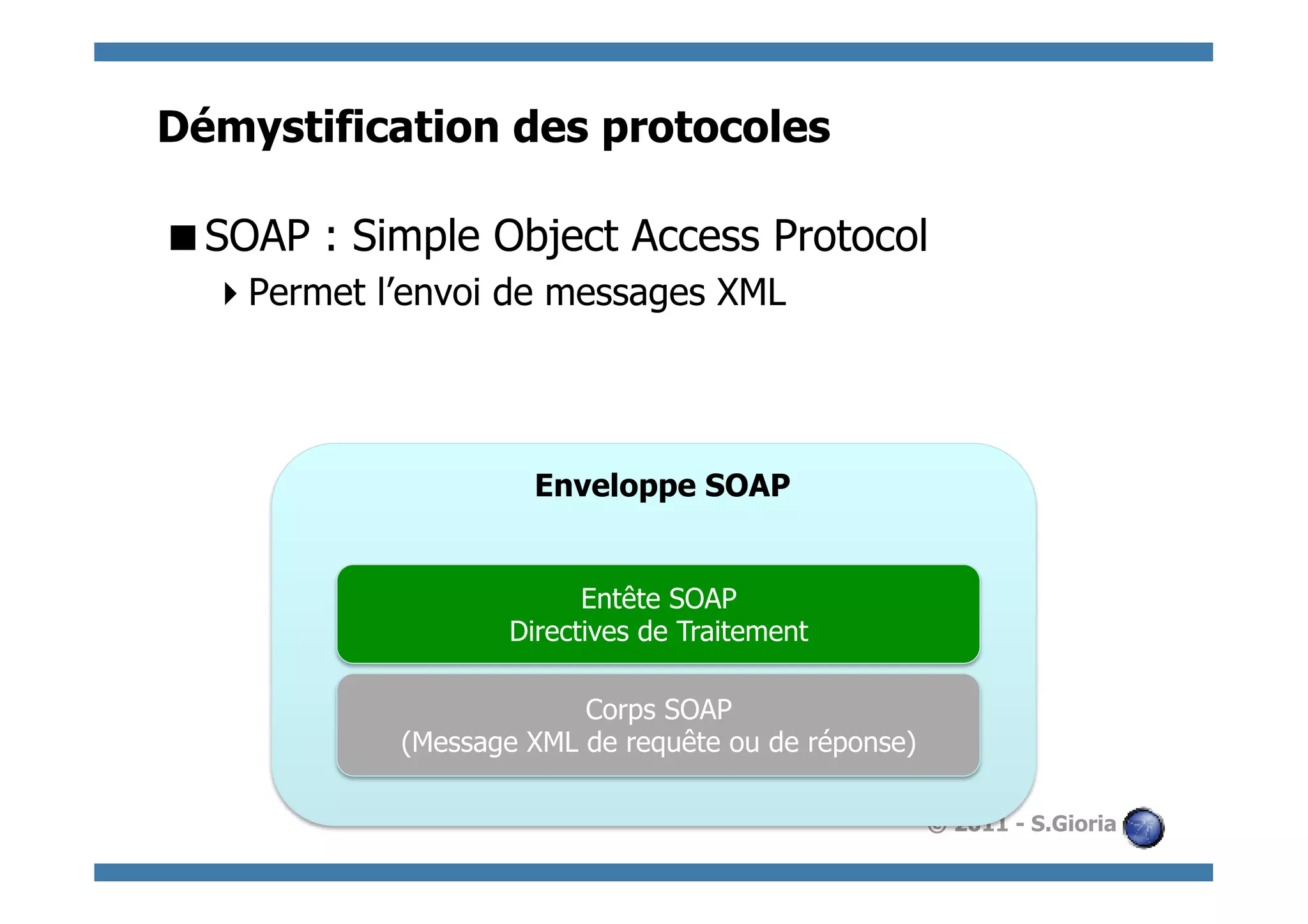 Démystification des protocoles

 SOAP : Simple Object Access Protocol
   Permet l’envoi de messages XML




                     Enveloppe SOAP


                         Entête SOAP
                   Directives de Traitement

                         Corps SOAP
            (Message XML de requête ou de réponse)

                                                     © 2011 - S.Gioria
 