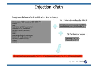 Injection xPath

Imaginons la base d’authentification Xml suivante
                                                                     La chaine de recherche étant :
<?xml version="1.0" encoding="ISO-8859-1"?>
<users>
<user>                                                               string(//user[username/text()='gandalf' and
<username>gandalf</username>                                         password/text()='!c3']/account/text())
<password>!c3</password>
<account>admin</account>
</user>
<user>
<username>Stefan0</username>
                                                                                Si l’utilisateur entre :
<password>w1s3c</password>
<account>guest</account>                                                      Username: ' or '1' = '1
</user>                                                                       Password: ' or '1' = '1
</users>




  string(//user[username/text()='' or '1' = '1' and password/text()='' or '1' = '1']/account/text())


                                                                                   © 2011 - S.Gioria
 