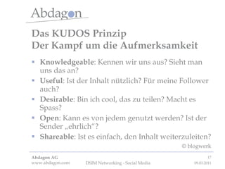 Das KUDOS Prinzip Der Kampf um die Aufmerksamkeit Knowledgeable : Kennen wir uns aus? Sieht man uns das an? Useful : Ist der Inhalt nützlich? Für meine Follower auch? Desirable : Bin ich cool, das zu teilen? Macht es Spass? Open : Kann es von jedem genutzt werden? Ist der Sender „ehrlich“? Shareable : Ist es einfach, den Inhalt weiterzuleiten? © blogwerk 