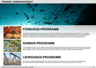 TRAINING | SEMINARANGEBOT




                                            FÜHRUNGS-PROGRAMM
                                            Das richtige Führungsverhalten prägt meistens den Erfolg des ganzen Unternehmens. Unmotivierte Mitarbeiter verlangsamen nicht nur Prozesse,
                                            sondern wirken kontraproduktiv auf den Verkaufserfolg. Hier lernen Sie, wie Sie Ihre Führungsqualitäten ausbauen können, um auch in schwierigen
                                            Situationen zu bestehen. Neben den klassischen Führungstrainings finden Sie hier Seminare zu Themen wie Neu- und Umstrukturierung von
                                            Abteilungen und Unternehmen, dem Aufbau zielführender Organigramme und der Verbesserung von Ablauf- und Informationsprozessen.




                                            SONDER-PROGRAMM
                                            In den vergangenen Jahren hat es sich gezeigt, daß sich die Welt "schneller" dreht. Aktuelle Themen kommen und gehen, aber jeder muß sie kennen
                                            um beim Kunden, im eigenen Unternehmen oder in der Gesellschaft zu bestehen. Hier finden Sie allgemeine Themen wie, "Trends in der Wirtschaft",
                                            ebenso spezifische, wie z.B. "Supply Chain Management", "Führen mit Kennzahlen" oder auch "Customer Relationship Management".




                                            LEHRGANGS-PROGRAMM
                                            Hier finden Sie komplette Ausbildungsprogramme für verschiedene Positionen im Unter-nehmen, wie z.B. Ausbildung zum Geschäftsführer,
                                            Vertriebsleiter, Gebietsverkaufsleiter, Verkäufer, Juniorverkäufer, Vertriebscontroller, Produktmanager oder Key-Account-Manager.



Copyright 2011 © Heckl Consulting Hamburg. Alle Rechte vorbehalten.                                                                                                                           13
 