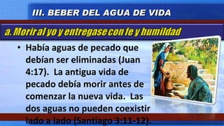 Había aguas de pecado que debían ser eliminadas (Juan 4:17).  La antigua vida de pecado debía morir antes de comenzar la nueva vida.  Las dos aguas no pueden coexistir lado a lado (Santiago 3:11-12). III. BEBER DEL AGUA DE VIDA 
