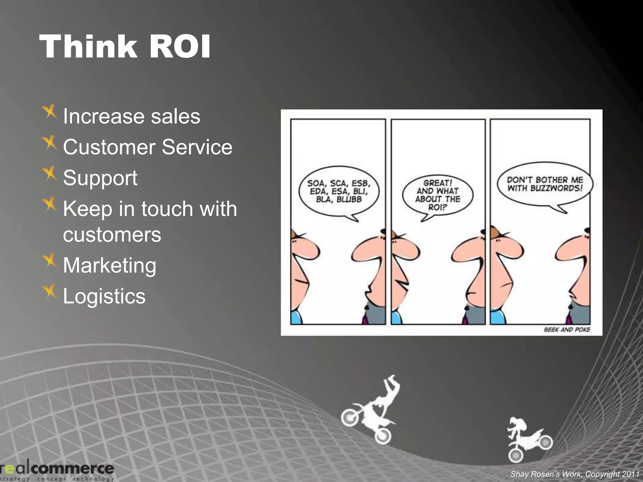 Think ROIIncrease salesCustomer ServiceSupportKeep in touch with customersMarketingLogistics