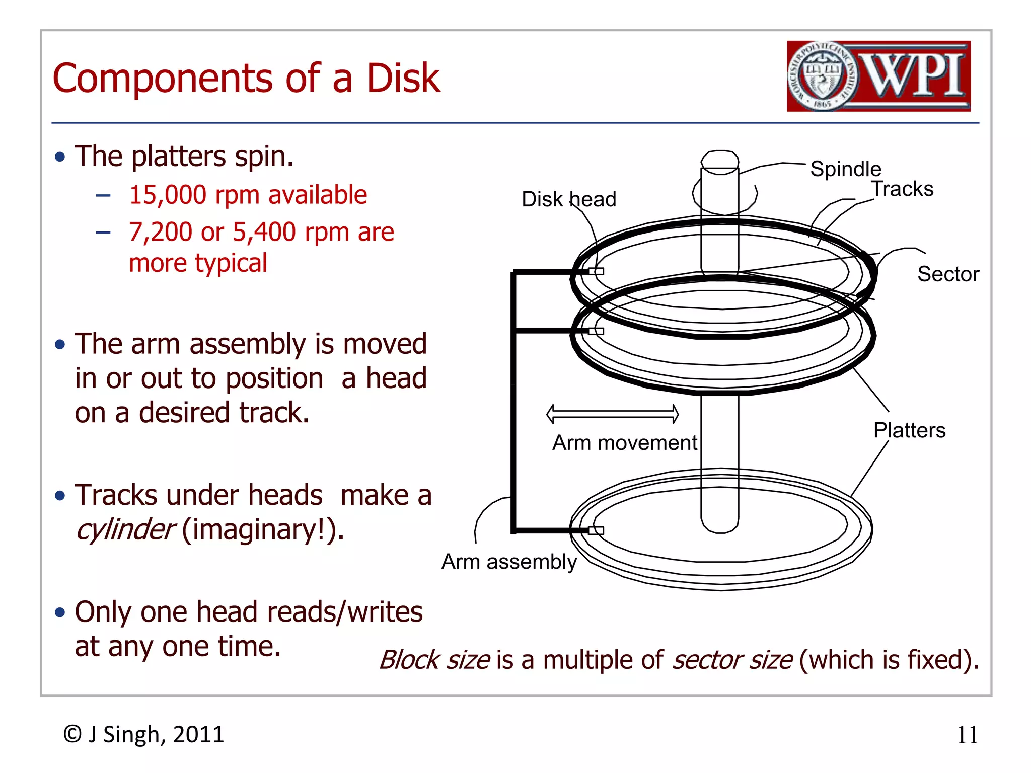 Components of a Disk TracksArm movementArm assemblySpindleThe platters spin.15,000 rpm available7,200 or 5,400 rpm are more typicalThe arm assembly is moved in or out to position  a head on a desired track. Tracks under heads  make a cylinder (imaginary!).Only one head reads/writes at any one time.Disk headSectorPlattersBlock size is a multiple of sector size (which is fixed).