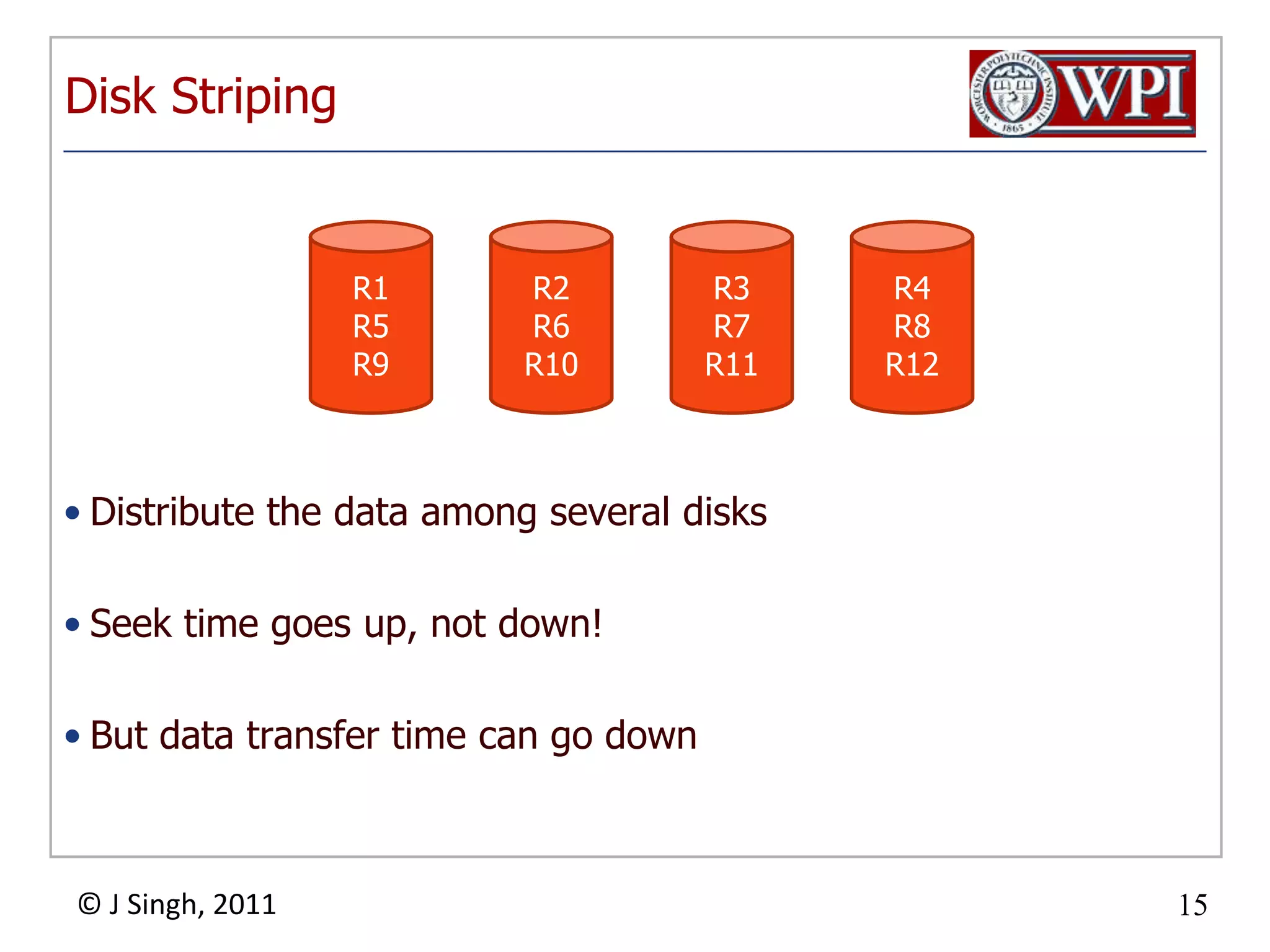 Disk StripingDistribute the data among several disksSeek time goes up, not down!But data transfer time can go downR1R5R9R2R6R10R3R7R11R4R8R12