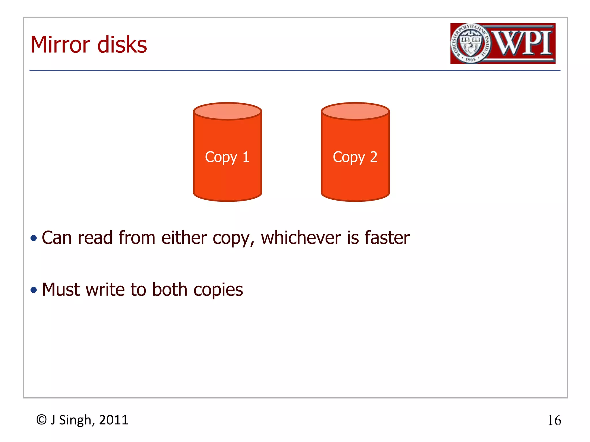 Mirror disksCan read from either copy, whichever is fasterMust write to both copiesCopy 1Copy 2