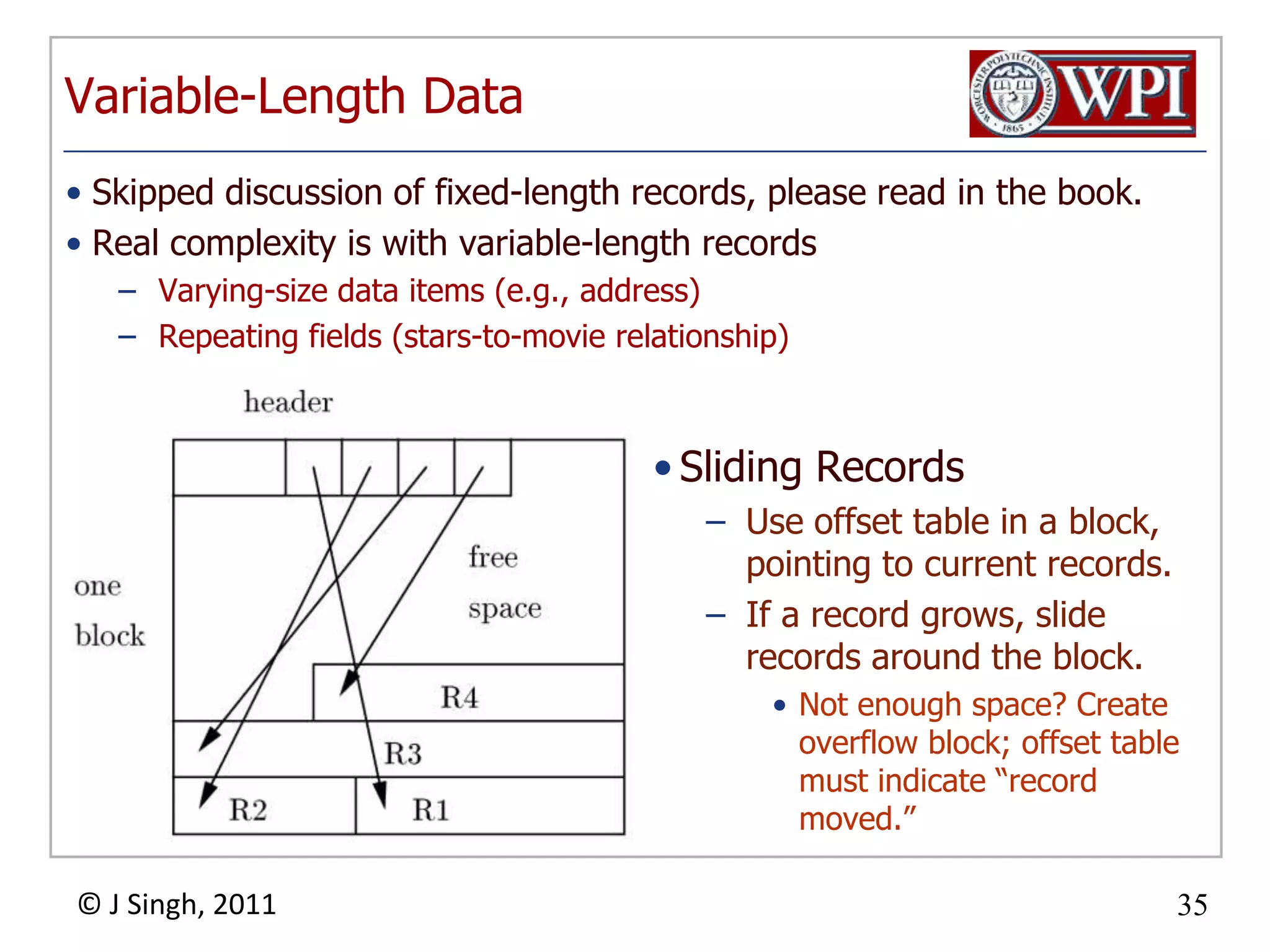 Variable-Length DataSkipped discussion of fixed-length records, please read in the book.Real complexity is with variable-length recordsVarying-size data items (e.g., address)Repeating fields (stars-to-movie relationship)Sliding Records Use offset table in a block, pointing to current records. If a record grows, slide records around the block. Not enough space? Create overflow block; offset table must indicate “record moved.”