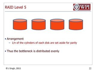 RAID Level 5Arrangement1/n of the cylinders of each disk are set aside for parityThus the bottleneck is distributed evenly