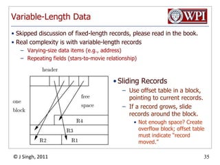 Variable-Length DataSkipped discussion of fixed-length records, please read in the book.Real complexity is with variable-length recordsVarying-size data items (e.g., address)Repeating fields (stars-to-movie relationship)Sliding Records Use offset table in a block, pointing to current records. If a record grows, slide records around the block. Not enough space? Create overflow block; offset table must indicate “record moved.”
