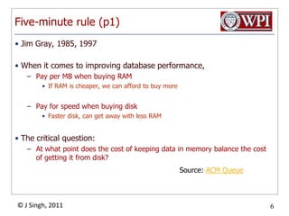 Five-minute rule (p1)Jim Gray, 1985, 1997When it comes to improving database performance,Pay per MB when buying RAMIf RAM is cheaper, we can afford to buy morePay for speed when buying diskFaster disk, can get away with less RAMThe critical question:At what point does the cost of keeping data in memory balance the cost of getting it from disk?Source: ACM Queue