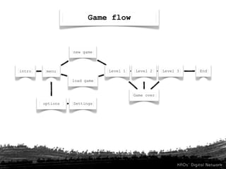 Game flow



                  new game



intro    menu                 Level 1    Level 2    Level 3   End

                  load game


                                        Game over

        options   Settings
 