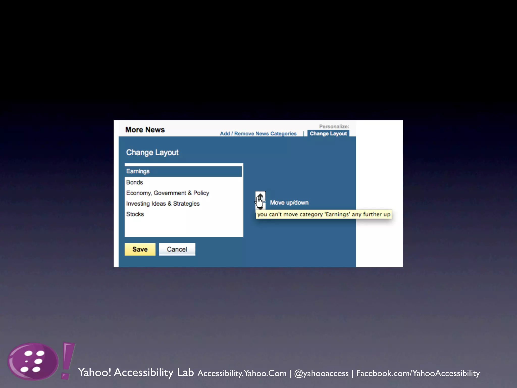 Yahoo! Accessibility Lab Accessibility.Yahoo.Com | @yahooaccess | Facebook.com/YahooAccessibility
 
