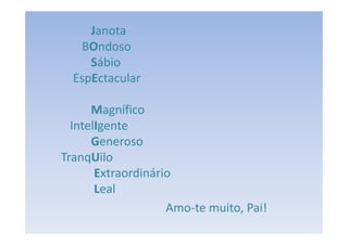 Janota
   BOndoso
     Sábio
  EspEctacular

      Magnífico
  IntelIgente
      Generoso
TranqUilo
       Extraordinário
       Leal
                    Amo-te muito, Pai!
 