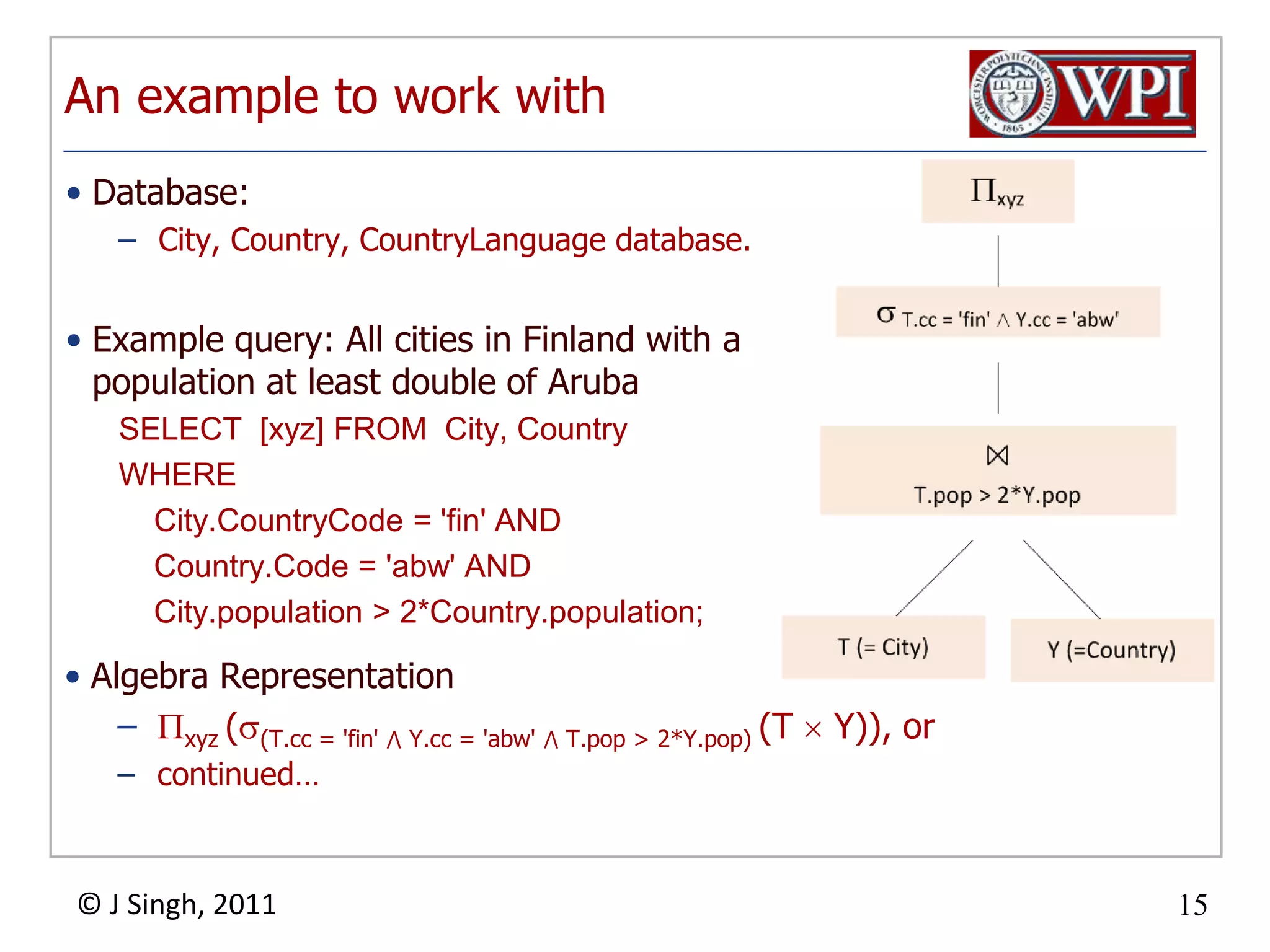 An example to work withDatabase: City, Country, CountryLanguage database.Example query: All cities in Finland with a population at least double of ArubaSELECT [xyz] FROM City, CountryWHERECity.CountryCode = 'fin' ANDCountry.Code = 'abw' ANDCity.population > 2*Country.population;Algebra Representationxyz((T.cc = 'fin' ⋀ Y.cc = 'abw' ⋀ T.pop > 2*Y.pop) (T  Y)), orcontinued…