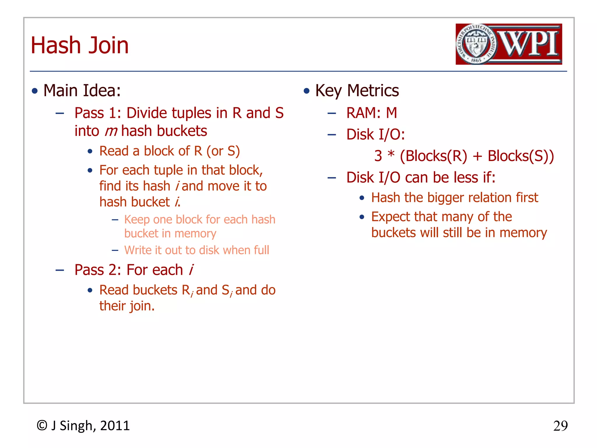 Hash JoinMain Idea:Pass 1: Dividetuples in R and S into m hash bucketsRead a block of R (or S)For each tuple in that block, find its hash i and move it to hash bucket i.Keep one block for each hash bucket in memoryWrite it out to disk when fullPass 2: For each iRead buckets Ri and Si and do their join.Key MetricsRAM: MDisk I/O: 3 * (Blocks(R) + Blocks(S))Disk I/O can be less if:Hash the bigger relation firstExpect that many of the buckets will still be in memory