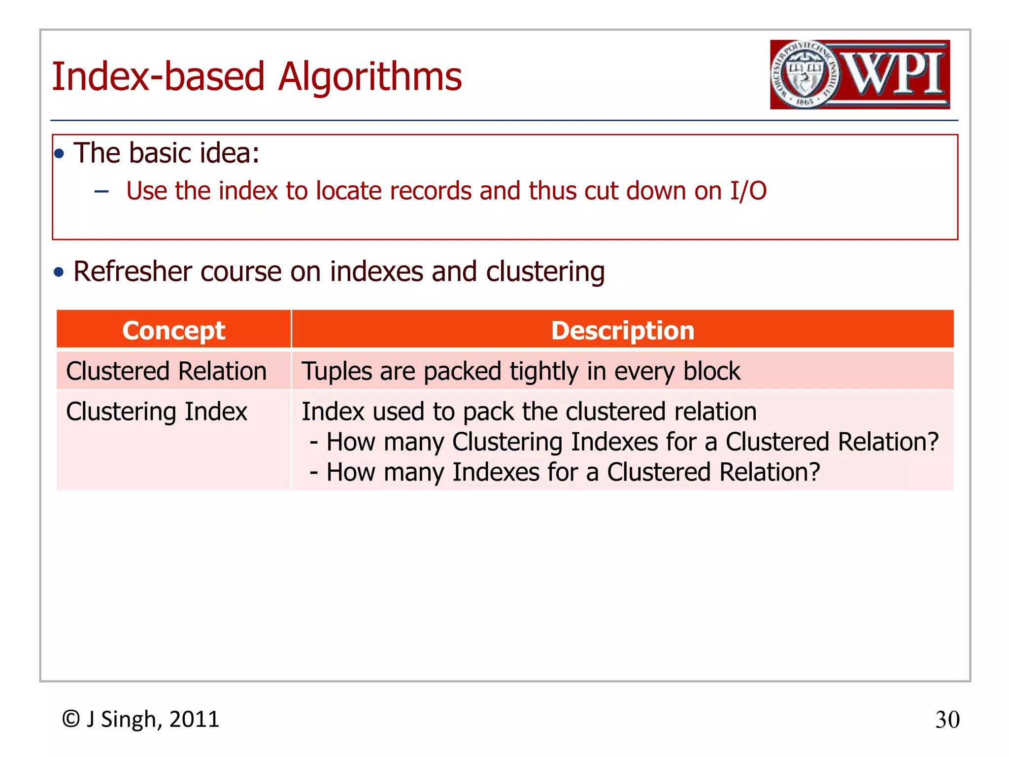 Index-based AlgorithmsRefresher course on indexes and clusteringThe basic idea:Use the index to locate records and thus cut down on I/O