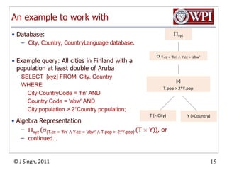 An example to work withDatabase: City, Country, CountryLanguage database.Example query: All cities in Finland with a population at least double of ArubaSELECT  [xyz] FROM  City, CountryWHERECity.CountryCode = 'fin' ANDCountry.Code = 'abw' ANDCity.population > 2*Country.population;Algebra Representationxyz((T.cc = 'fin' ⋀ Y.cc = 'abw' ⋀ T.pop > 2*Y.pop) (T  Y)), orcontinued…
