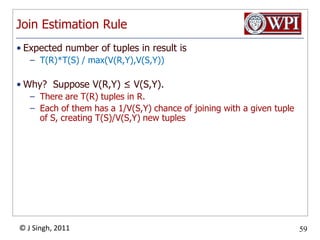 Join Estimation RuleExpected number of tuples in result isT(R)*T(S) / max(V(R,Y),V(S,Y))Why?  Suppose V(R,Y) ≤ V(S,Y).There are T(R) tuples in R.Each of them has a 1/V(S,Y) chance of joining with a given tuple of S, creating T(S)/V(S,Y) new tuples