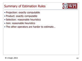 Summary of Estimation RulesProjection: exactly computableProduct: exactly computableSelection: reasonable heuristicsJoin: reasonable heuristicsThe other operators are harder to estimate…